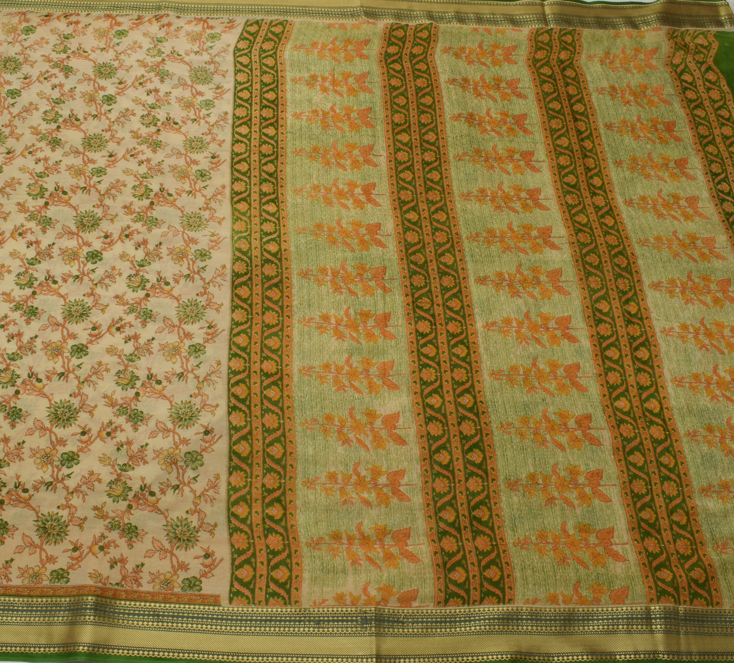 Sushila Vintage Light Brown Saree Pure Cotton Printed Floral Soft Craft Fabric