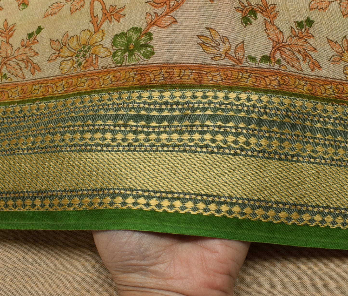 Sushila Vintage Light Brown Saree Pure Cotton Printed Floral Soft Craft Fabric