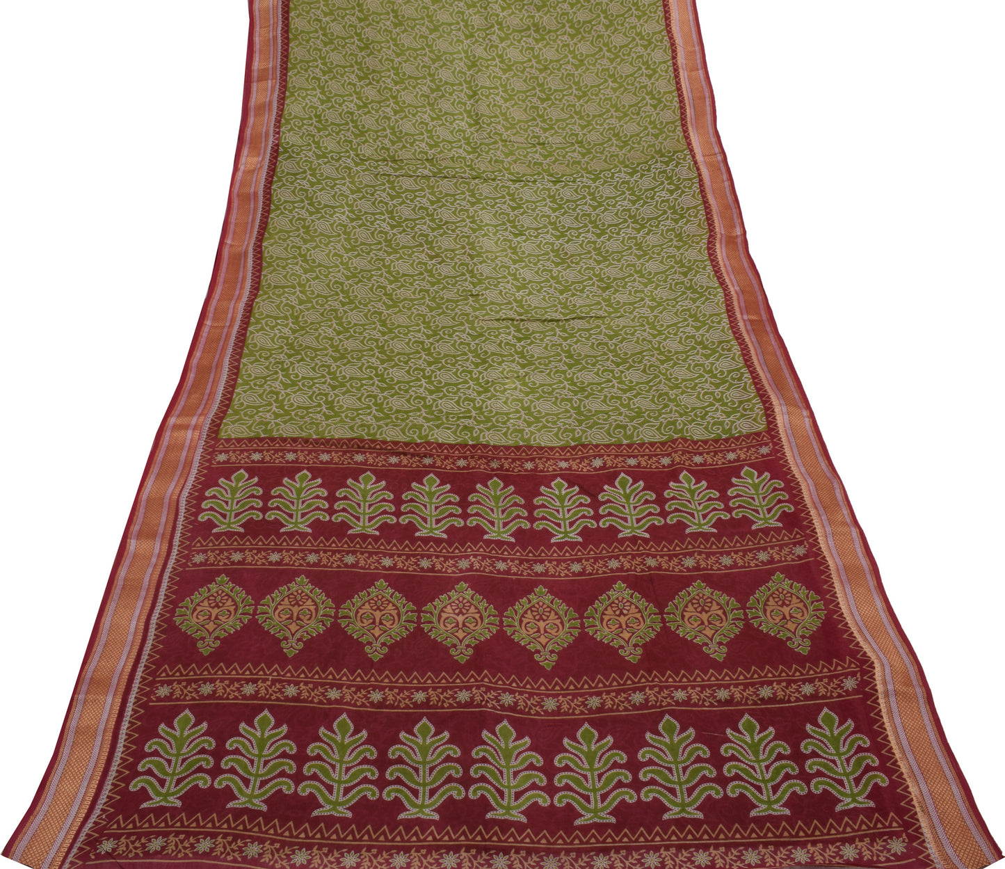 Sushila Vintage Green Saree 100% Pure Cotton Printed Paisley 5 YD Craft Fabric