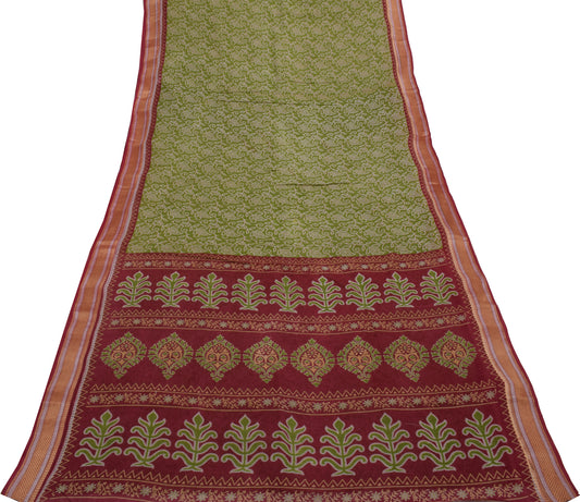 Sushila Vintage Green Saree 100% Pure Cotton Printed Paisley 5 YD Craft Fabric