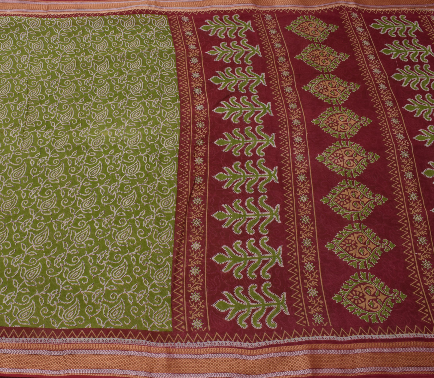 Sushila Vintage Green Saree 100% Pure Cotton Printed Paisley 5 YD Craft Fabric