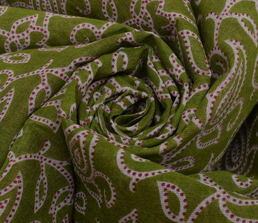 Sushila Vintage Green Saree 100% Pure Cotton Printed Paisley 5 YD Craft Fabric