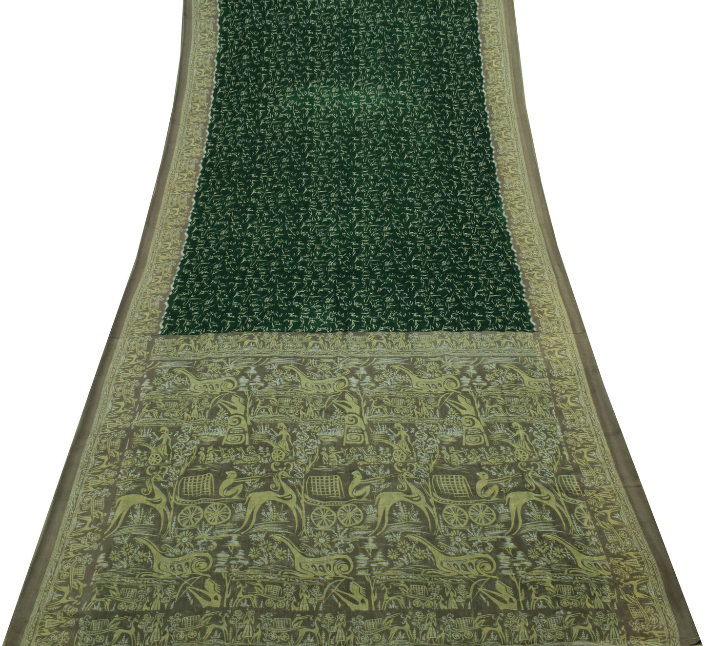 Sushila Vintage Green Indian Saree 100% Pure Cotton Printed Soft Craft Fabric