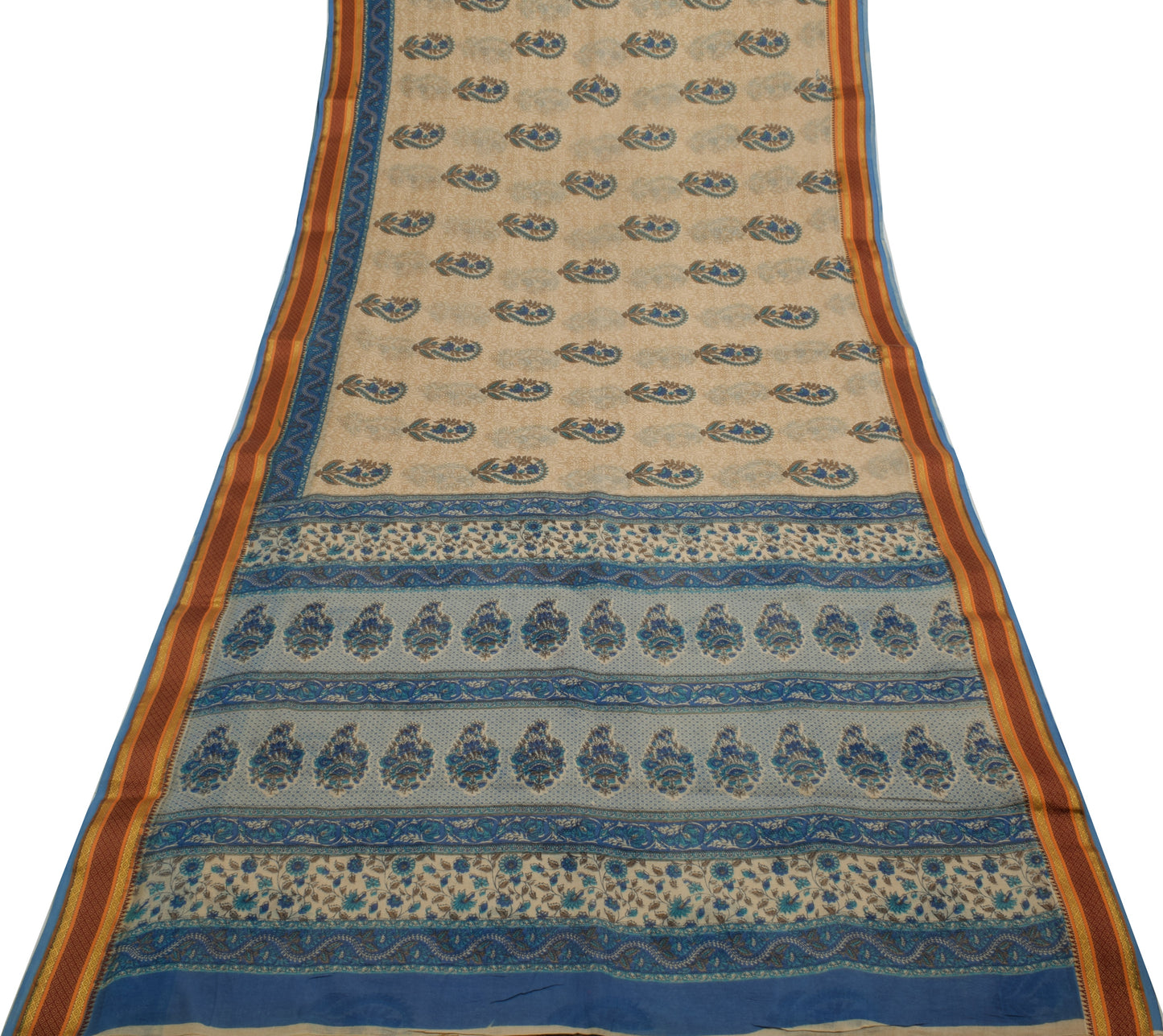 Sushila Vintage Indian Cream Saree 100% Pure Cotton Printed Floral Craft Fabric