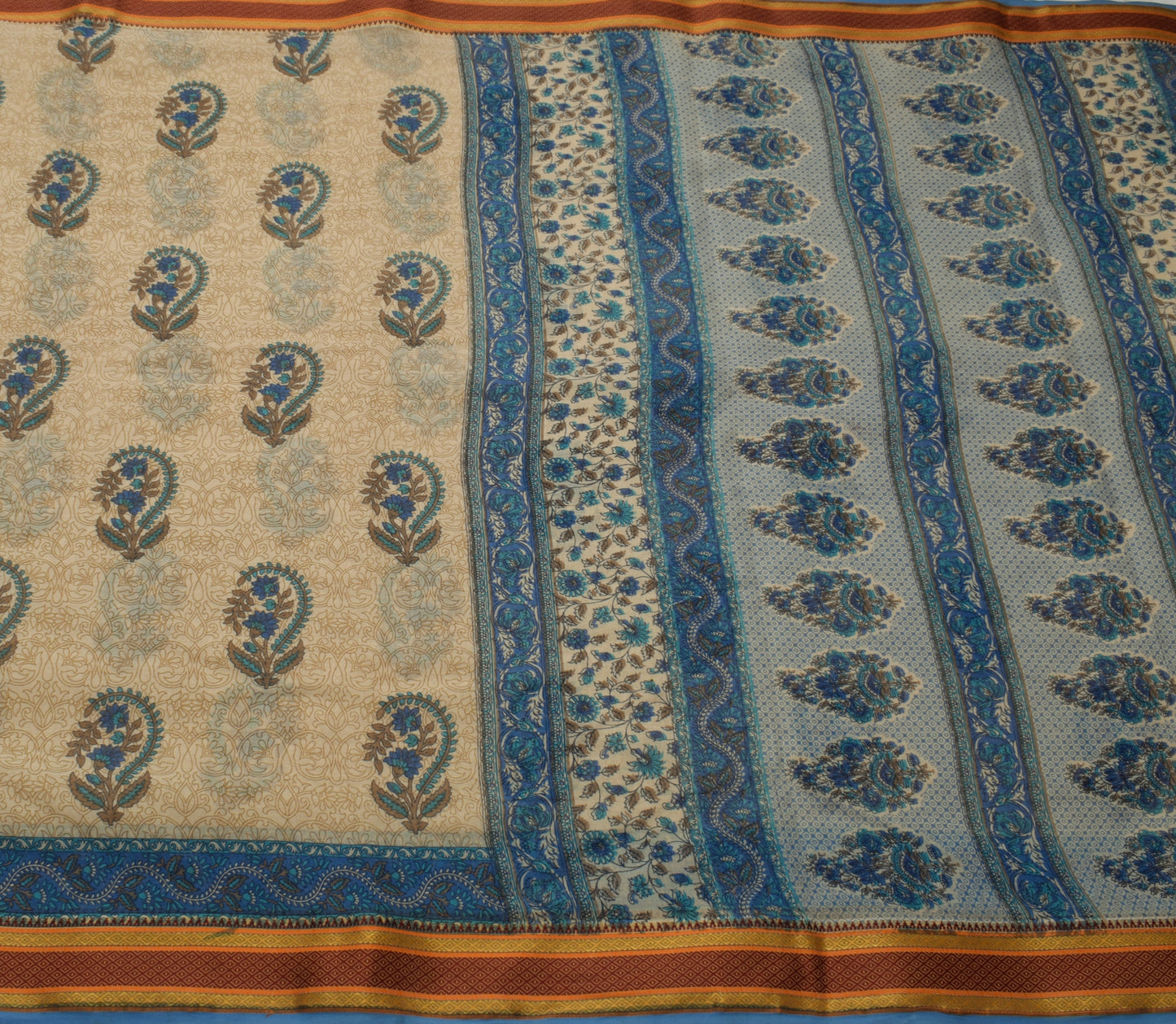 Sushila Vintage Indian Cream Saree 100% Pure Cotton Printed Floral Craft Fabric