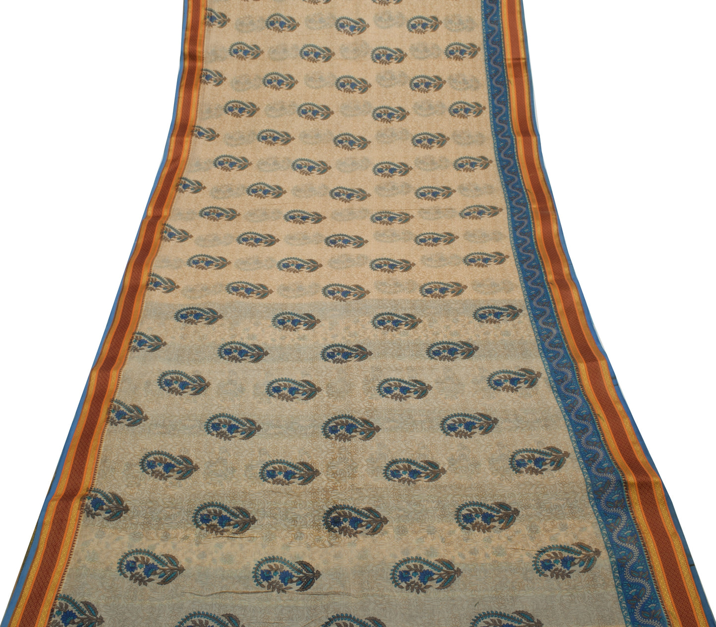 Sushila Vintage Indian Cream Saree 100% Pure Cotton Printed Floral Craft Fabric