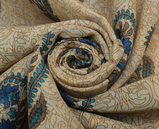 Sushila Vintage Indian Cream Saree 100% Pure Cotton Printed Floral Craft Fabric