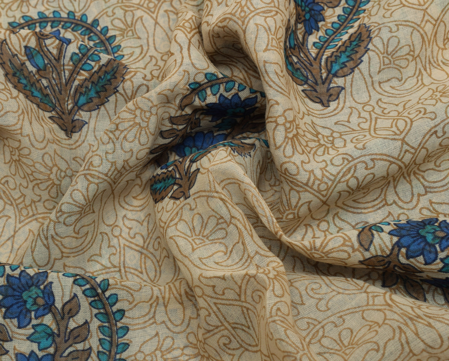 Sushila Vintage Indian Cream Saree 100% Pure Cotton Printed Floral Craft Fabric