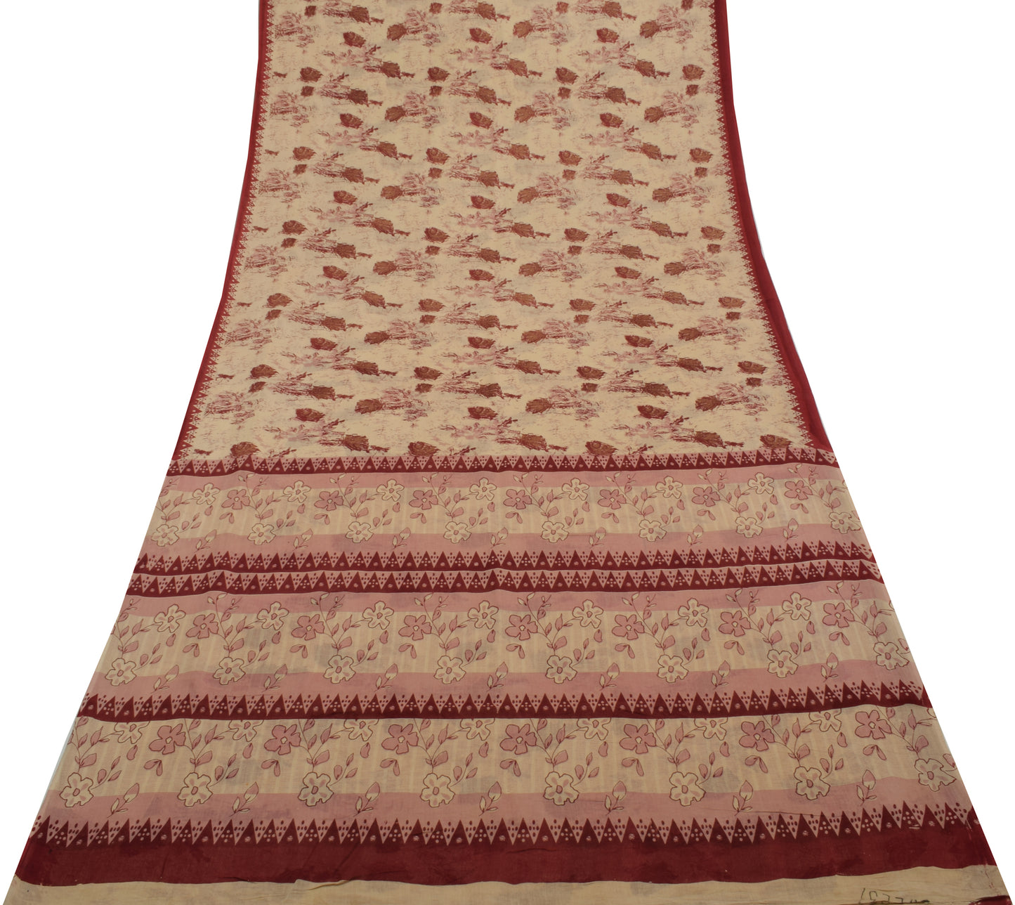 Sushila Vintage Cream Saree 100% Pure Cotton Printed Floral Soft Craft Fabric