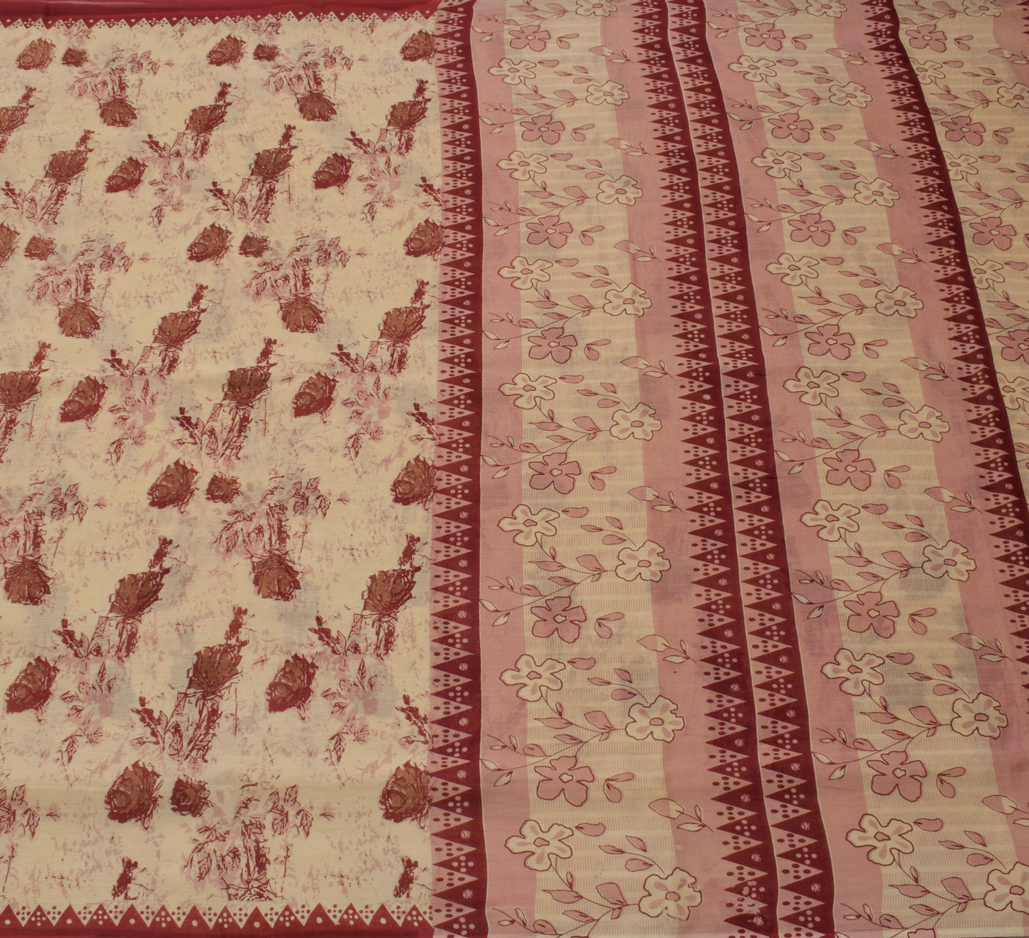 Sushila Vintage Cream Saree 100% Pure Cotton Printed Floral Soft Craft Fabric