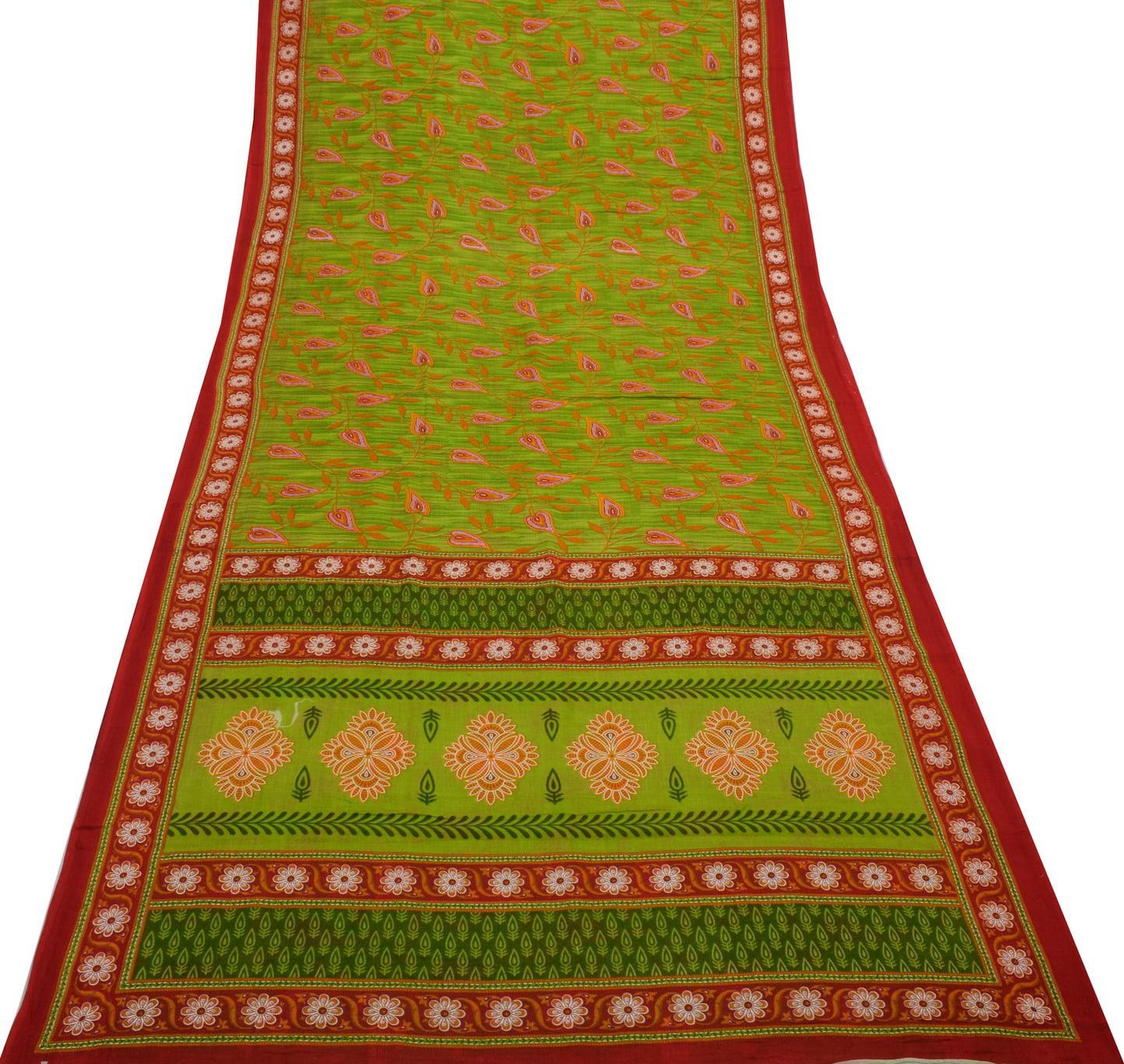 Sushila Vintage Green Saree 100% Pure Cotton Printed Floral Soft Craft Fabric