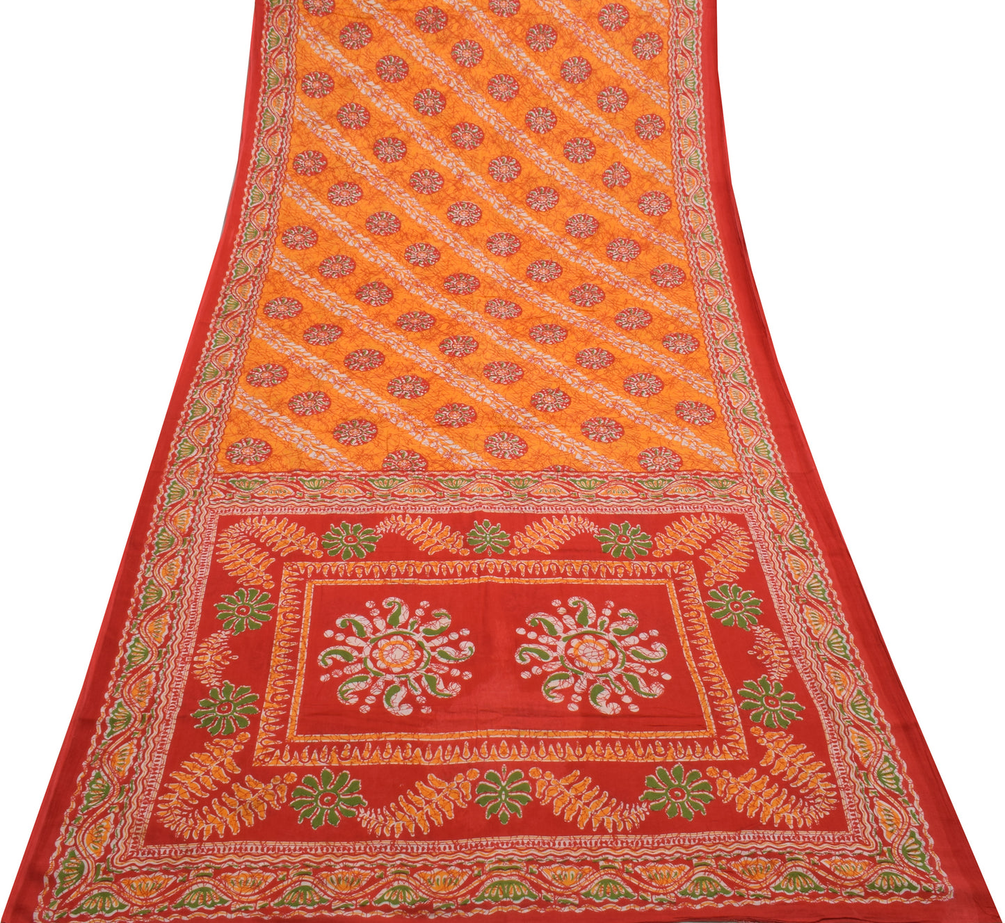 Sushila Vintage Orange Saree 100% Pure Cotton Printed Floral Soft Craft Fabric