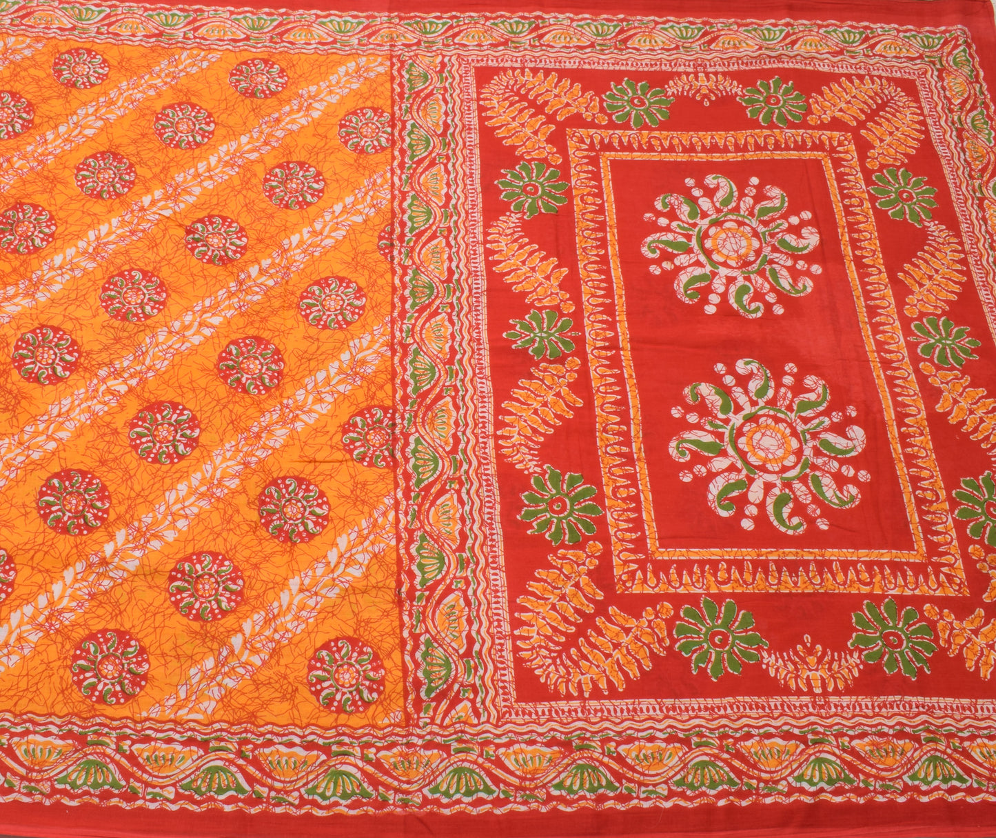 Sushila Vintage Orange Saree 100% Pure Cotton Printed Floral Soft Craft Fabric