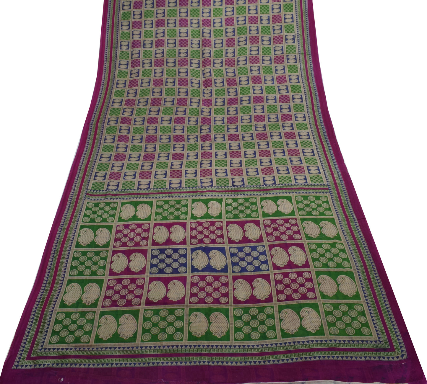 Sushila Vintage Indian Saree 100% Pure Cotton Printed Pailsey Soft Craft Fabric