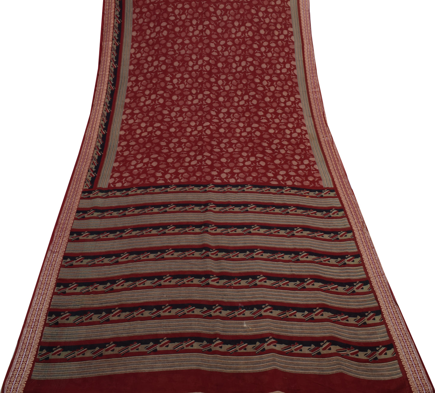 Sushila Vintage Maroon Saree 100% Pure Cotton Printed Floral Soft Craft Fabric