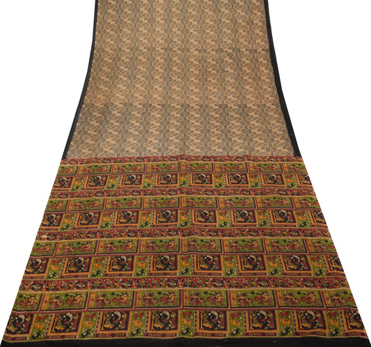 Sushila Vintage Cream Indian Saree 100% Pure Cotton Printed 5 Yard Craft Fabric