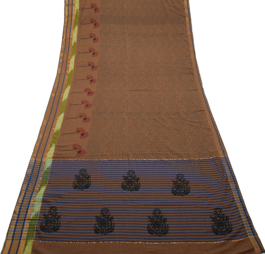 Sushila Vintage Brown Saree 100% Pure Cotton Printed Floral Soft Craft Fabric