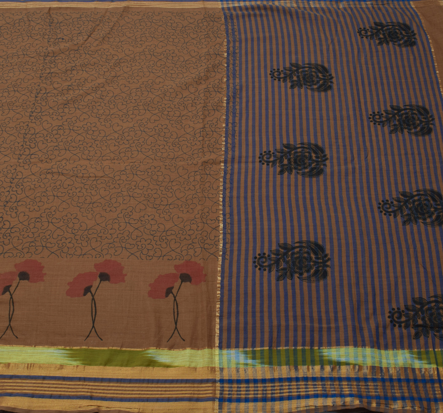 Sushila Vintage Brown Saree 100% Pure Cotton Printed Floral Soft Craft Fabric