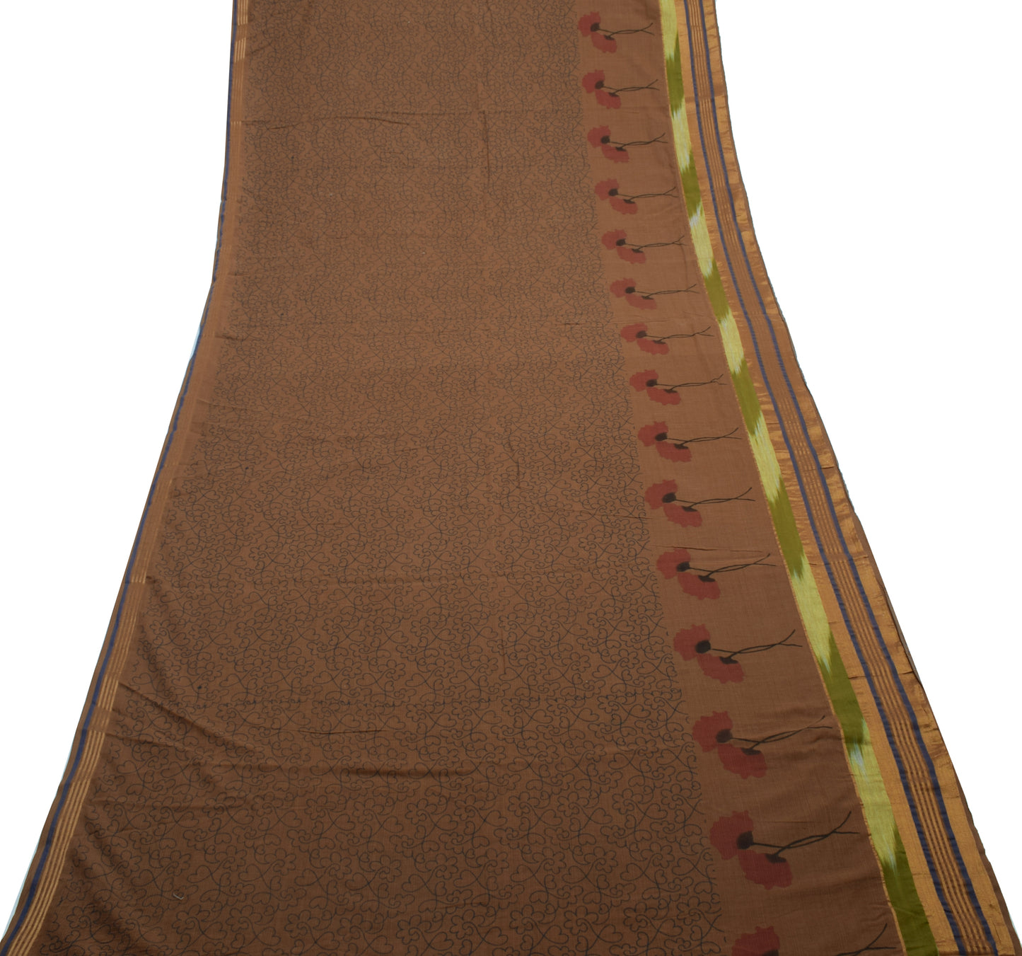 Sushila Vintage Brown Saree 100% Pure Cotton Printed Floral Soft Craft Fabric