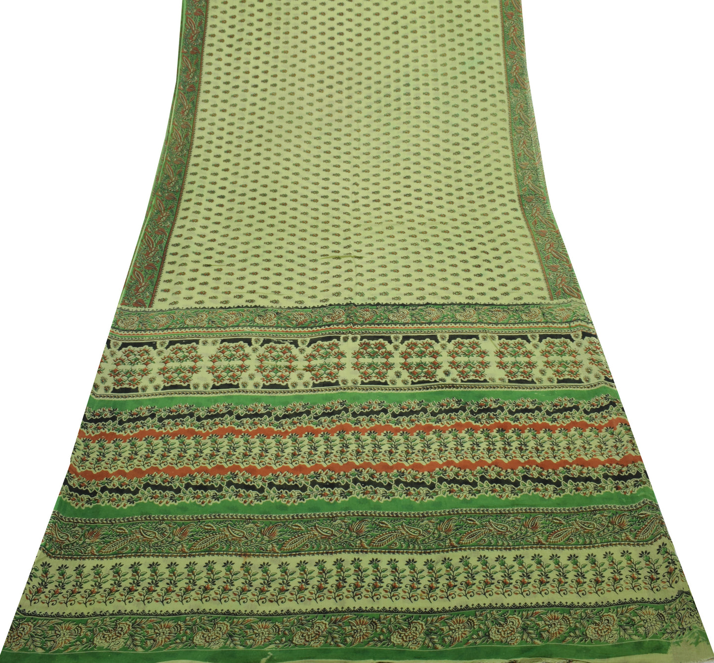 Sushila Vintage Green Saree 100% Pure Cotton Printed Floral Soft Craft Fabric