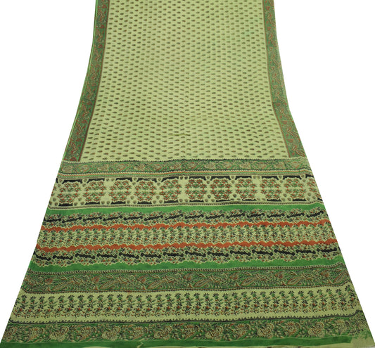 Sushila Vintage Green Saree 100% Pure Cotton Printed Floral Soft Craft Fabric