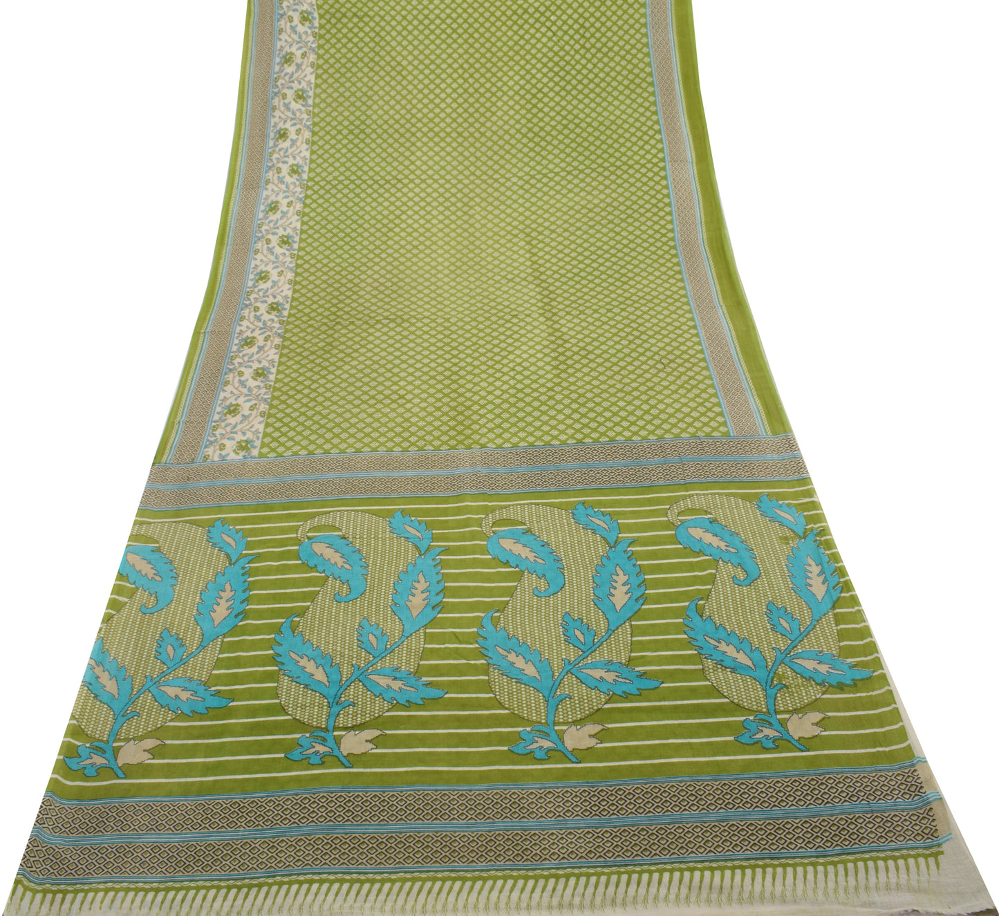 Sushila Vintage Green Saree 100% Pure Cotton Printed Floral Soft Craft Fabric