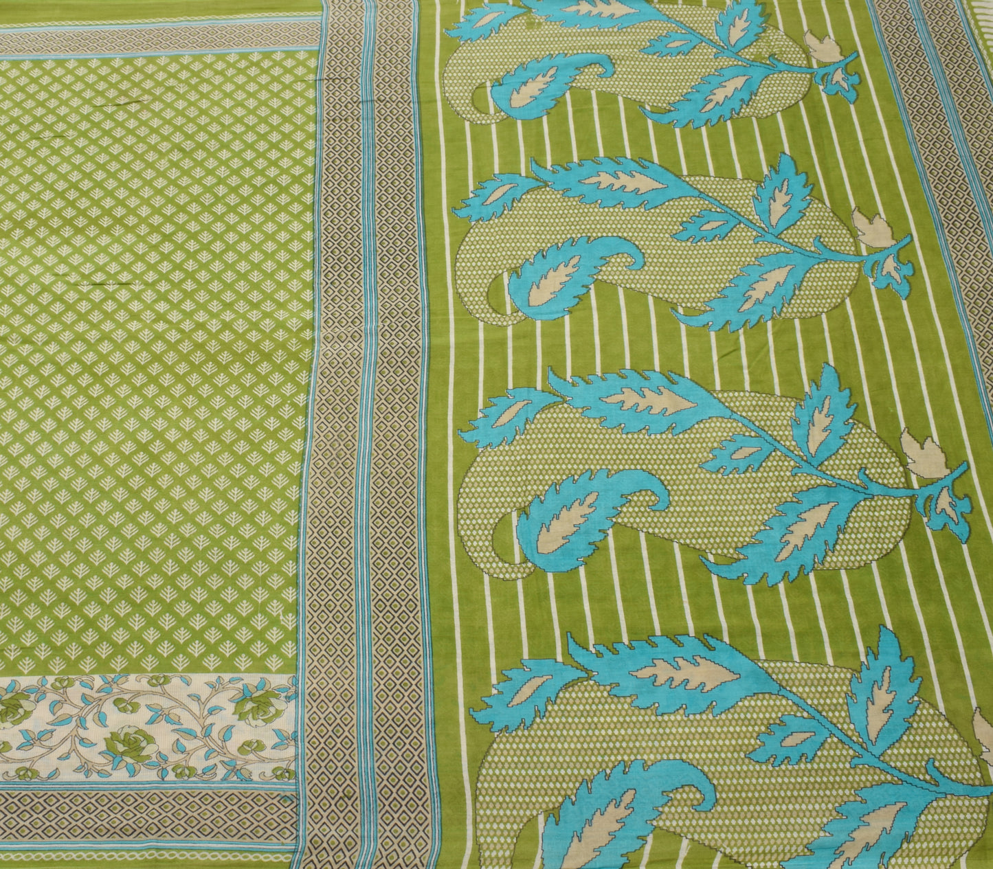 Sushila Vintage Green Saree 100% Pure Cotton Printed Floral Soft Craft Fabric
