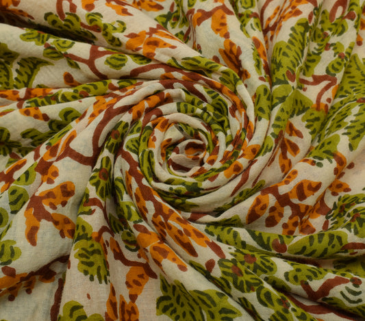 Sushila Vintage Cream Saree 100% Pure Cotton Printed Floral Soft Craft Fabric
