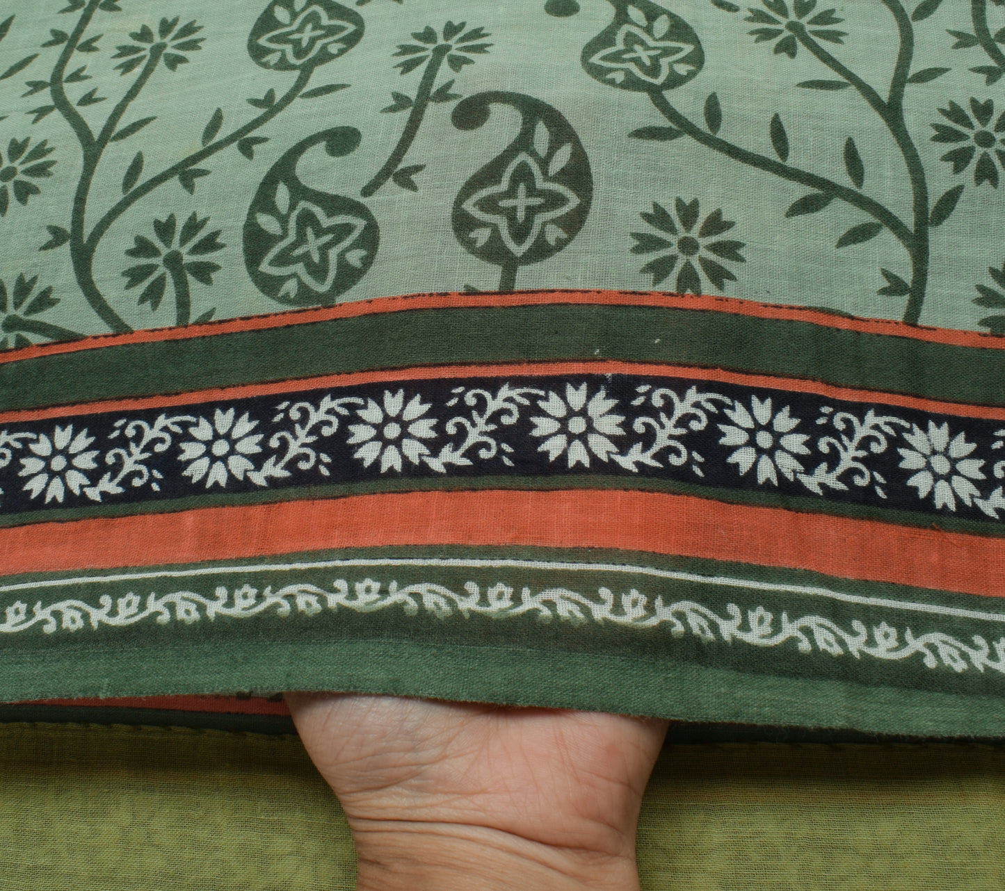 Sushila Vintage Green Saree 100% Pure Cotton Printed Paisley Soft Craft Fabric