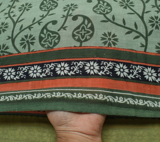 Sushila Vintage Green Saree 100% Pure Cotton Printed Paisley Soft Craft Fabric