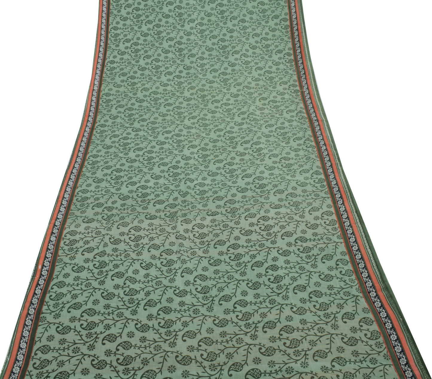 Sushila Vintage Green Saree 100% Pure Cotton Printed Paisley Soft Craft Fabric