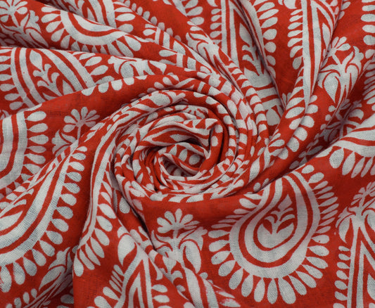 Sushila Vintage Red Saree 100% Pure Cotton Printed Floral 5 Yard Craft Fabric