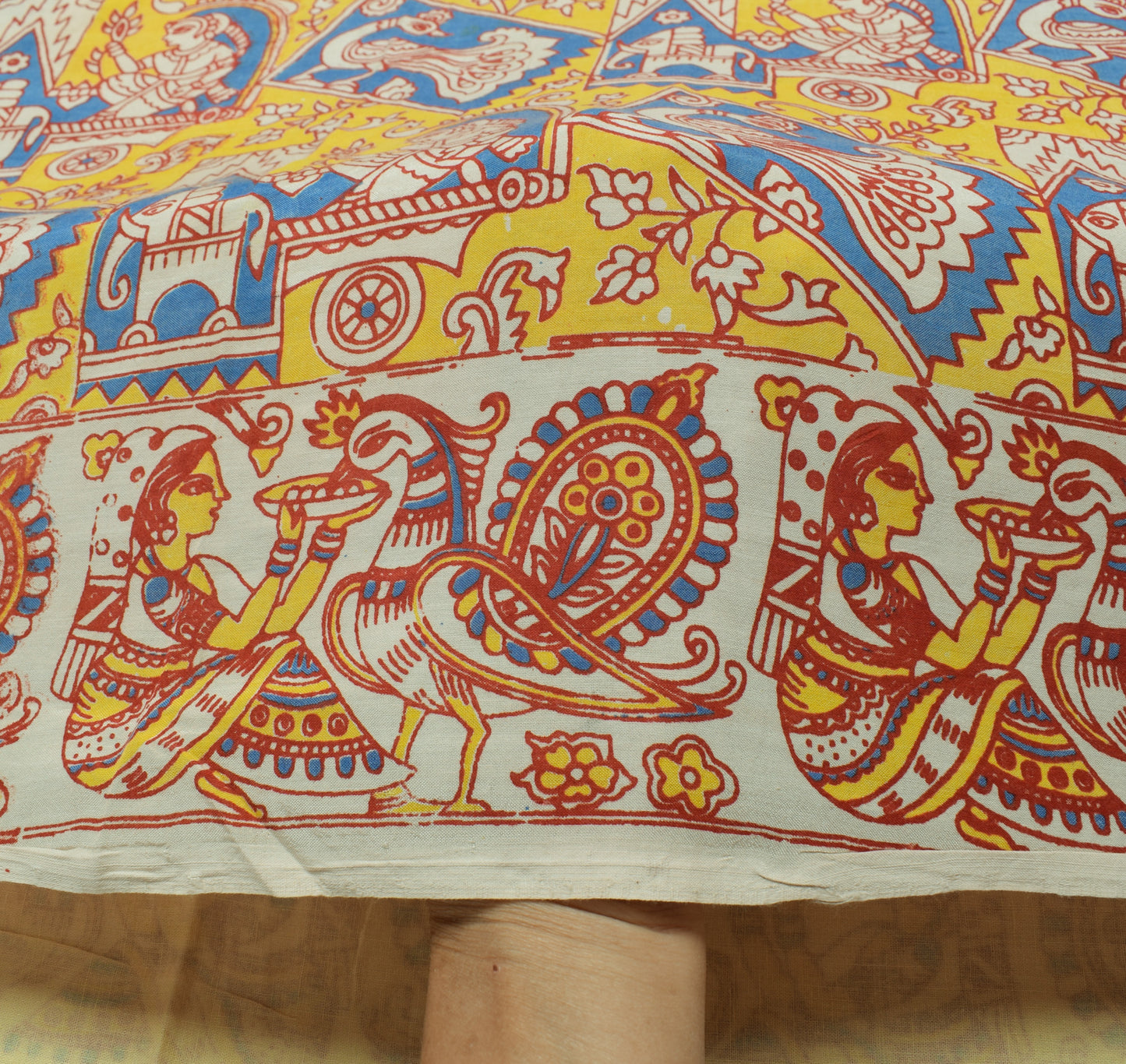 Sushila Vintage Cream Saree 100% Pure Cotton Kalamkari Printed 5 YD Craft Fabric