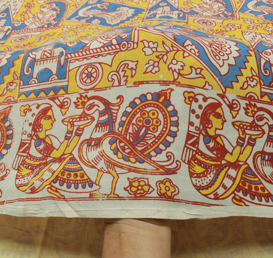 Sushila Vintage Cream Saree 100% Pure Cotton Kalamkari Printed 5 YD Craft Fabric