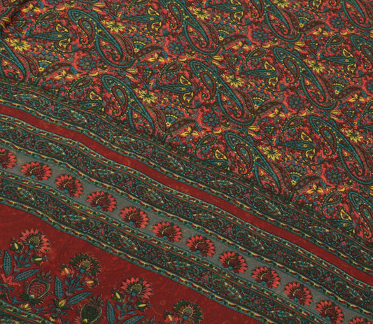 Sushila Vintage Red Saree Pure Georgette Silk Printed Paisley Sari 5Yard Fabric