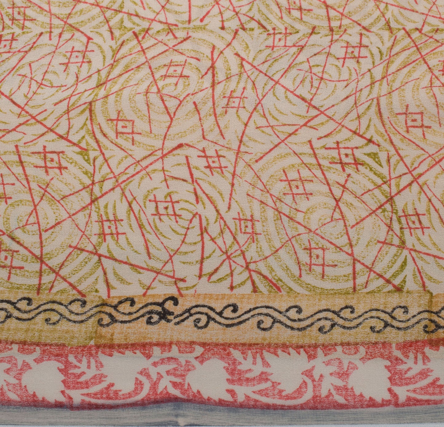 Sushila Vintage Peach Sari Pure Georgette Silk Printed Geometrical Craft Fabric