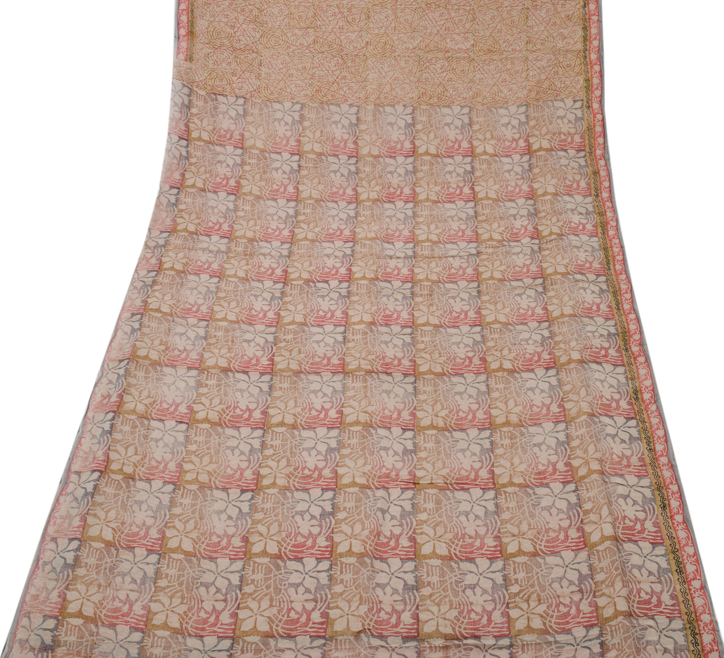 Sushila Vintage Peach Sari Pure Georgette Silk Printed Geometrical Craft Fabric