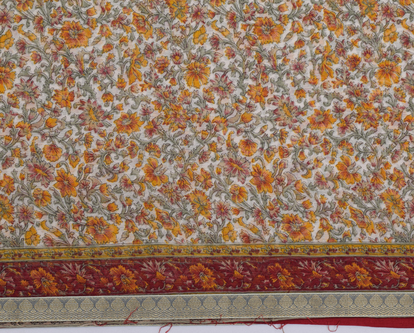 Sushila Vintage Cream Saree Blend Chiffon Silk Printed Floral 5YD Craft Fabric