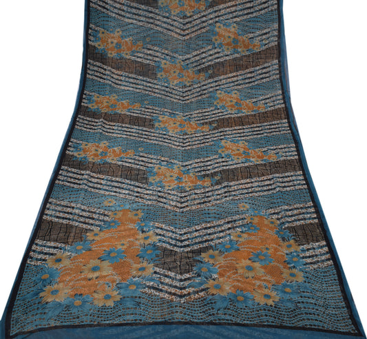 Sushila Vintage Blue Saree 100% Pure Georgette Silk Printed Floral Craft Fabric
