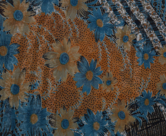 Sushila Vintage Blue Saree 100% Pure Georgette Silk Printed Floral Craft Fabric