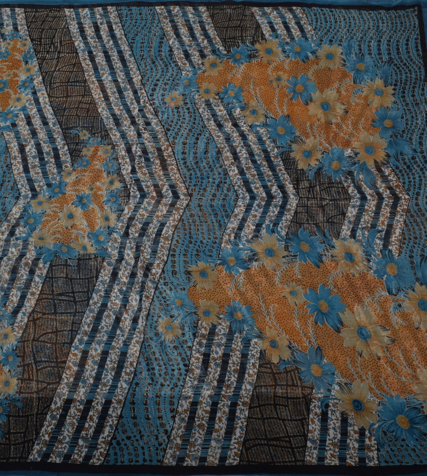 Sushila Vintage Blue Saree 100% Pure Georgette Silk Printed Floral Craft Fabric