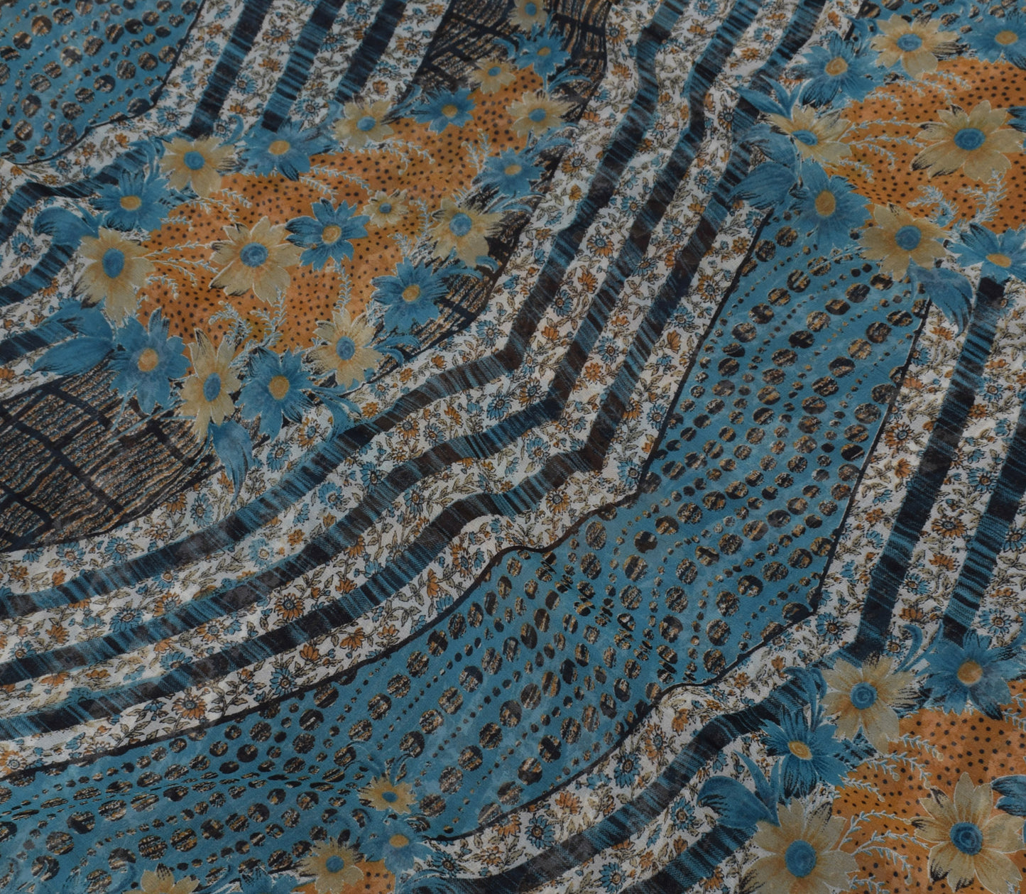 Sushila Vintage Blue Saree 100% Pure Georgette Silk Printed Floral Craft Fabric