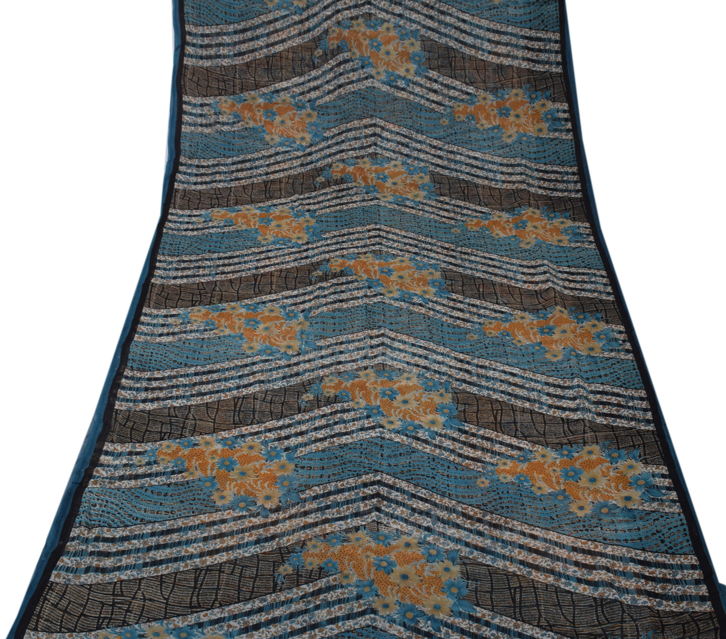 Sushila Vintage Blue Saree 100% Pure Georgette Silk Printed Floral Craft Fabric