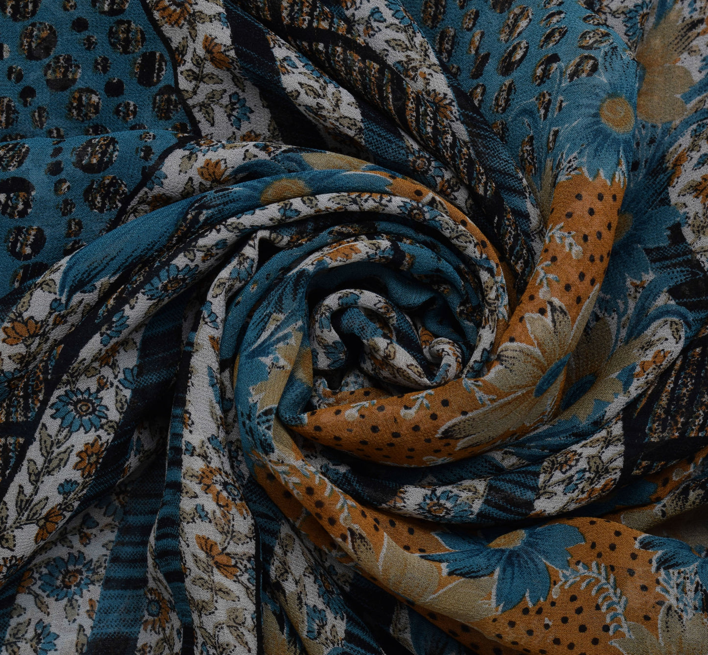 Sushila Vintage Blue Saree 100% Pure Georgette Silk Printed Floral Craft Fabric