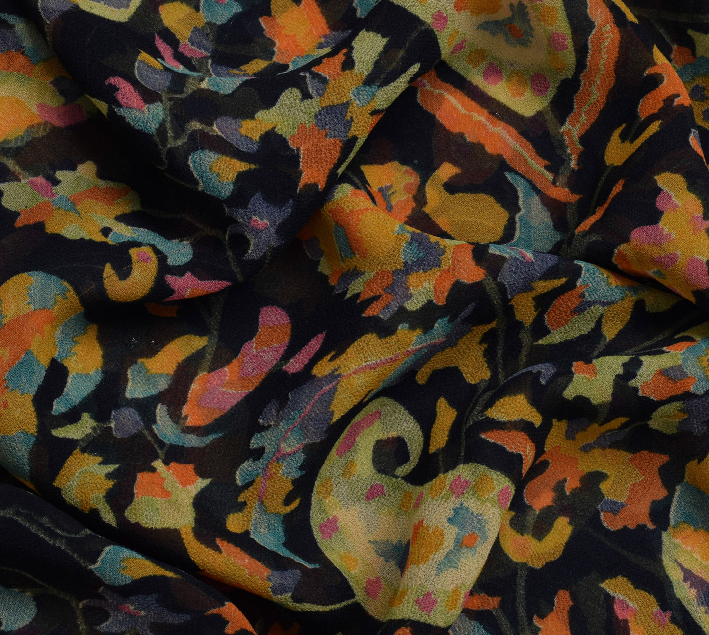 Sushila Vintage Black Sari Blend Georgette Silk Printed Paisley Craft Fabric