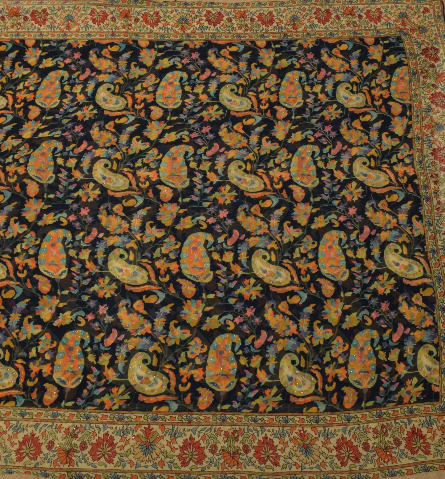 Sushila Vintage Black Sari Blend Georgette Silk Printed Paisley Craft Fabric