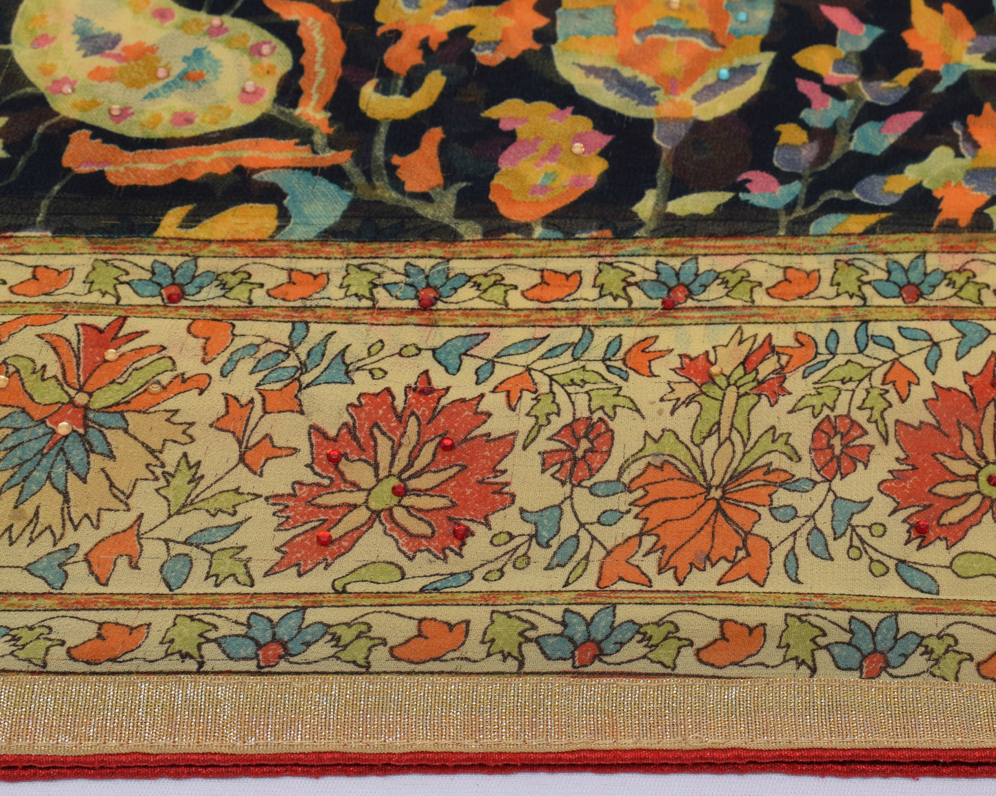 Sushila Vintage Black Sari Blend Georgette Silk Printed Paisley Craft Fabric