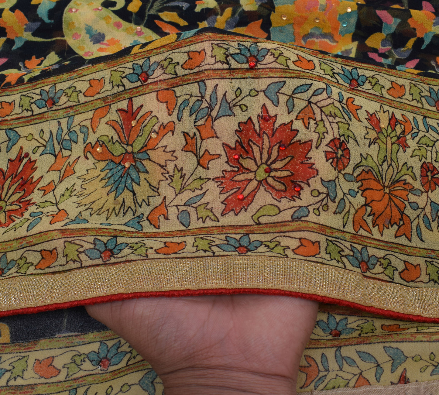 Sushila Vintage Black Sari Blend Georgette Silk Printed Paisley Craft Fabric