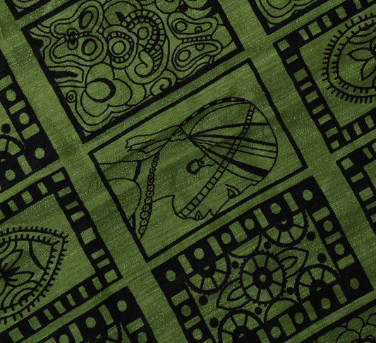 Sushila Vintage Green Saree Blend Georgette Silk Printed Indian Craft Fabric