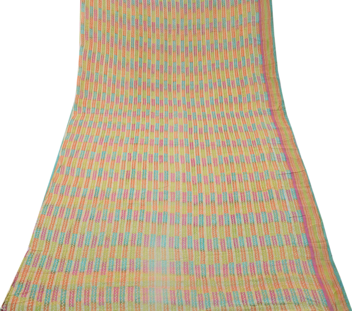 Sushila Vintage Green Saree 100% Pure Georgette Silk Printed Indian Craft Fabric